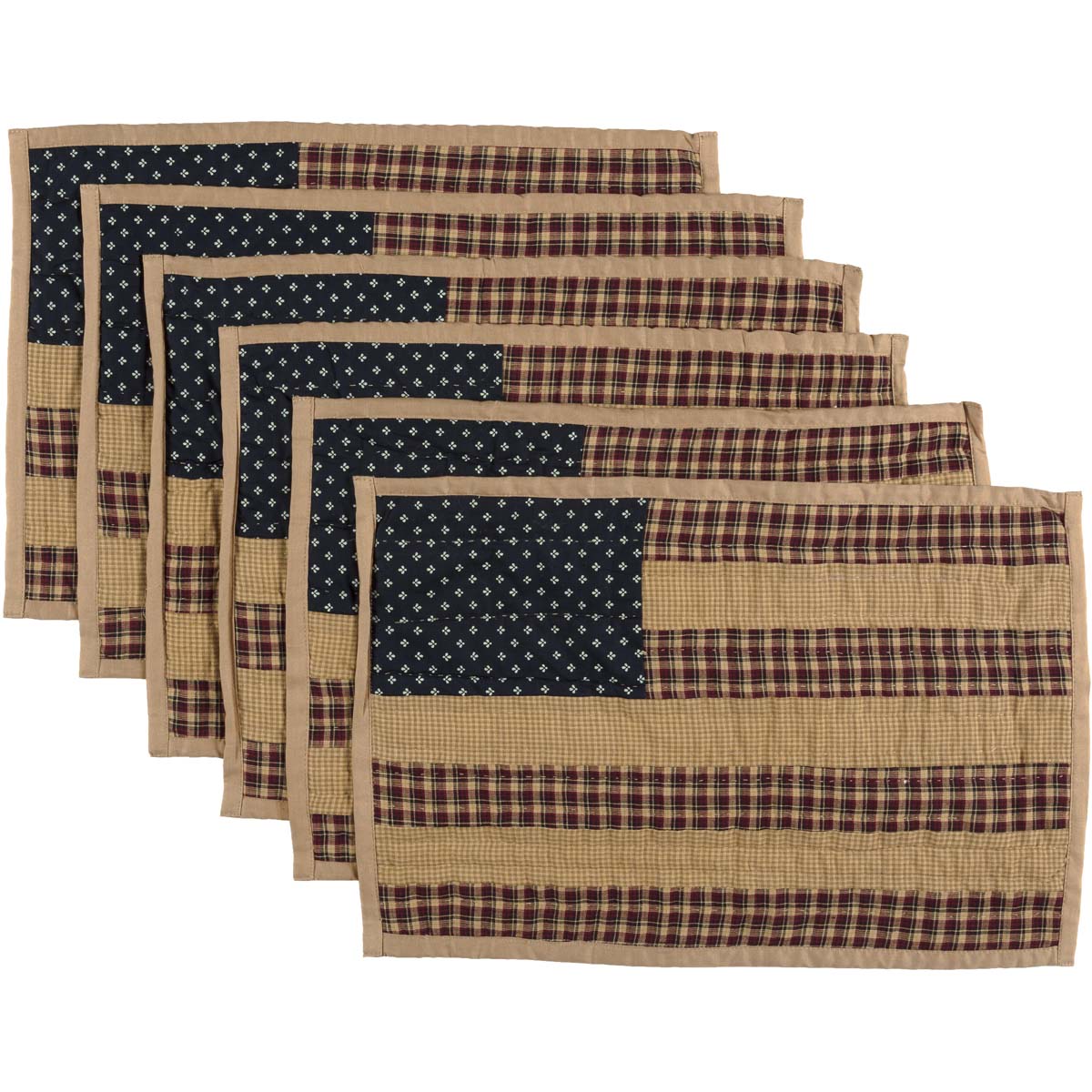americana quilted placemats with red tan and navy patchwork on farmhouse table