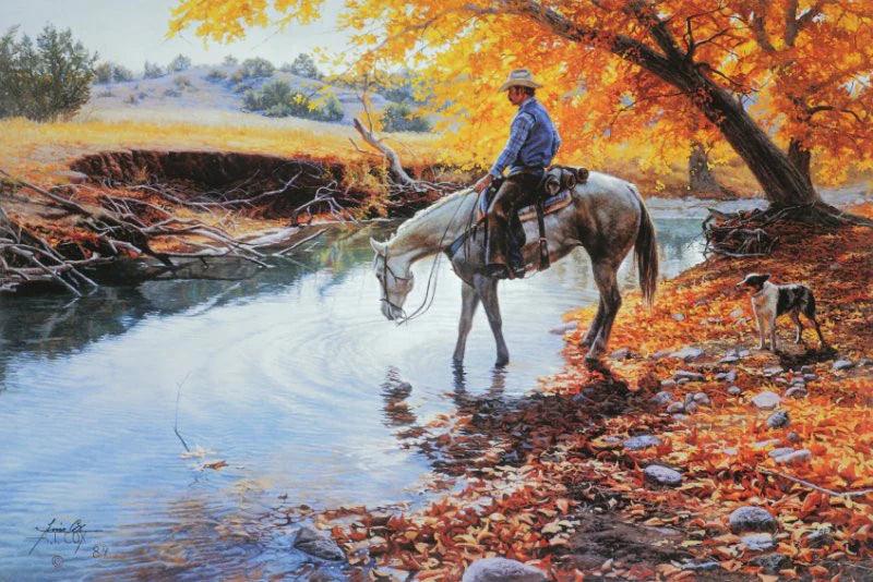 Cowboy, horse and dog at creek in Autumn - Western Art - Your Western Decor