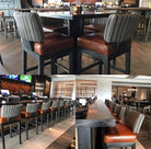 Collage of bar stools with brown seats and gray backs in a restaurant setting - Your Western Decor