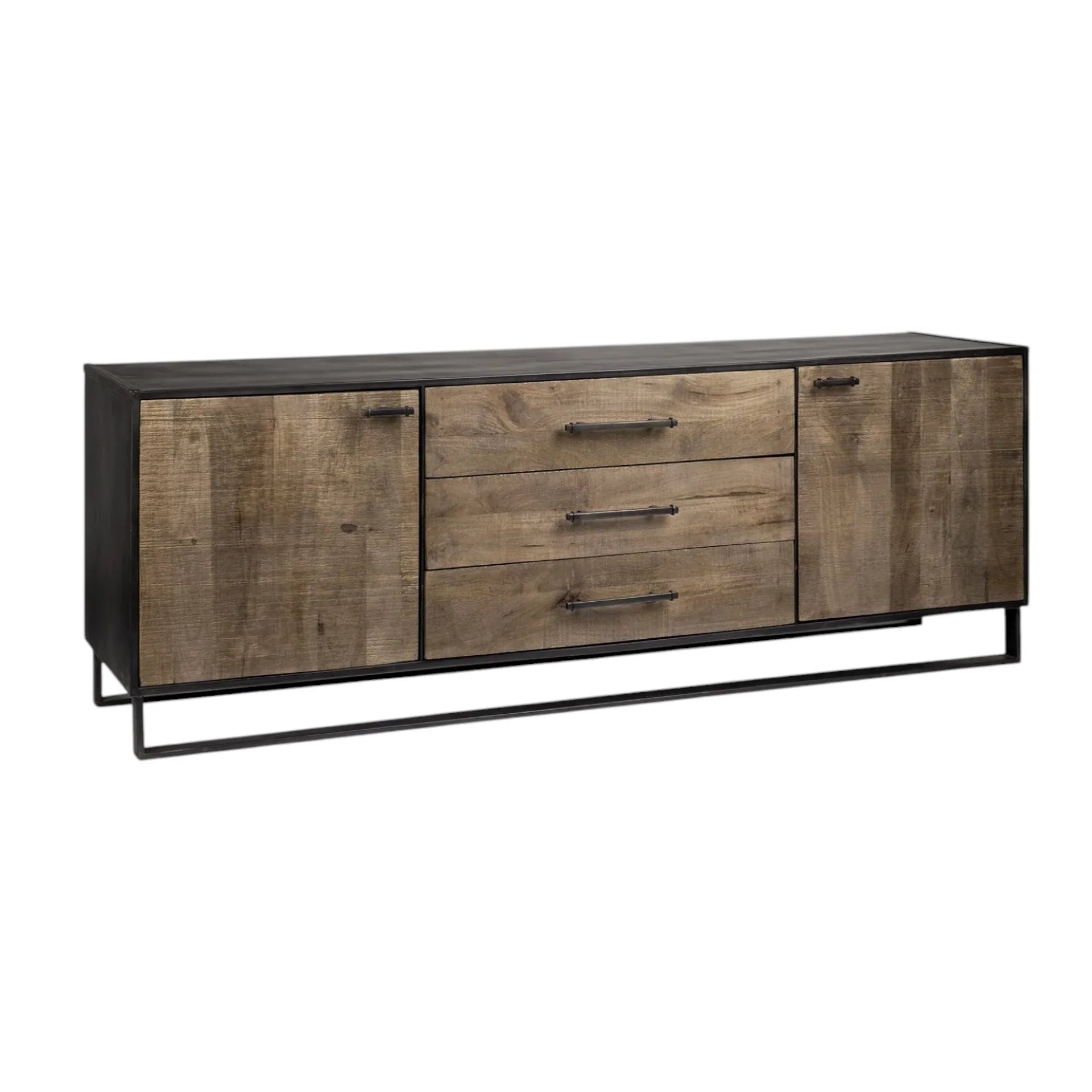 Angled view of mango wood and iron sideboard