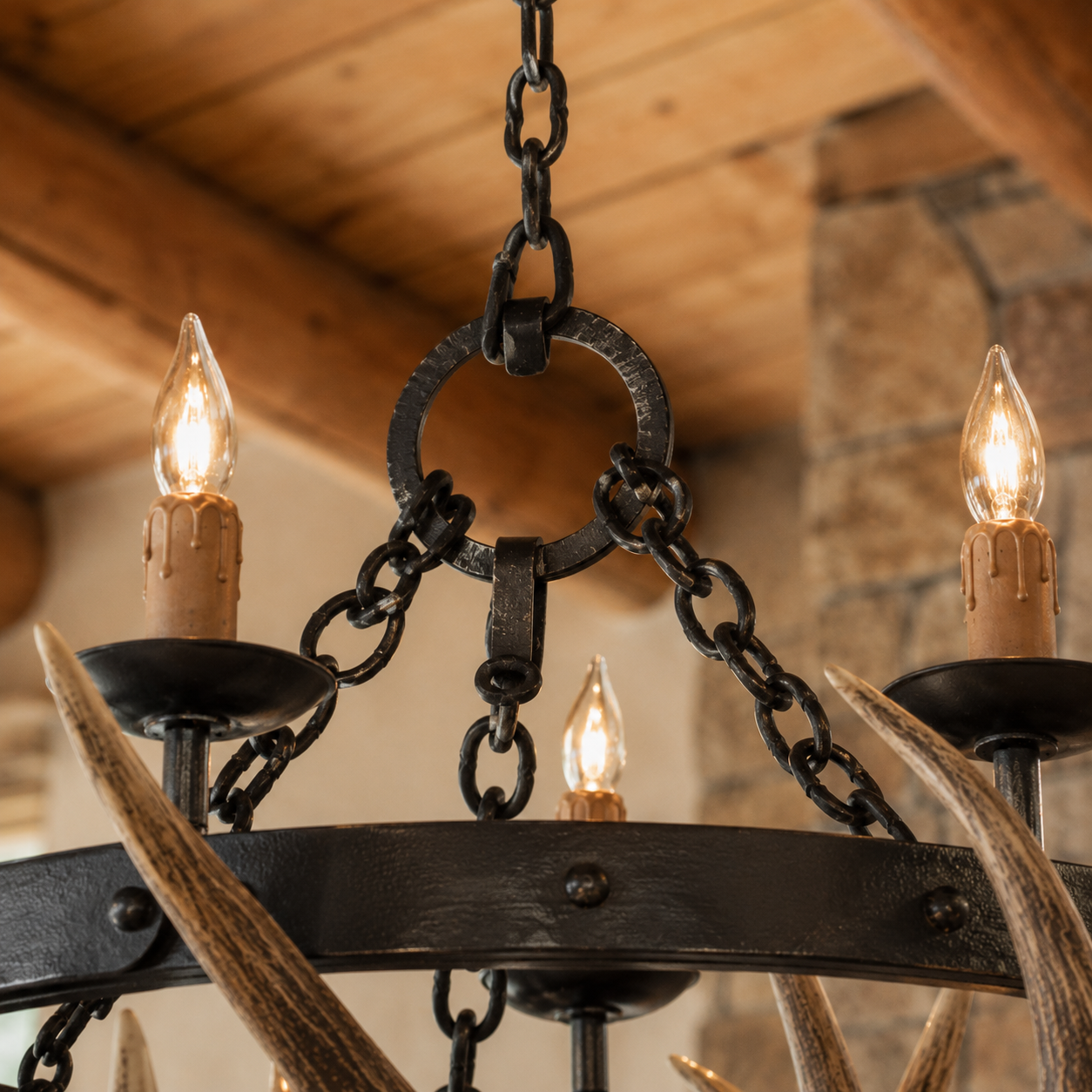 Handmade elk antler lighting for mountain lodge