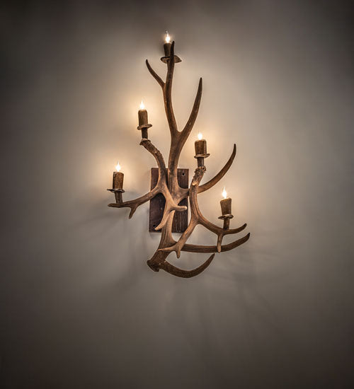 Elk and mule deer antler 5-light wall sconce with candle style bulbs in rustic lodge design, handcrafted in the USA