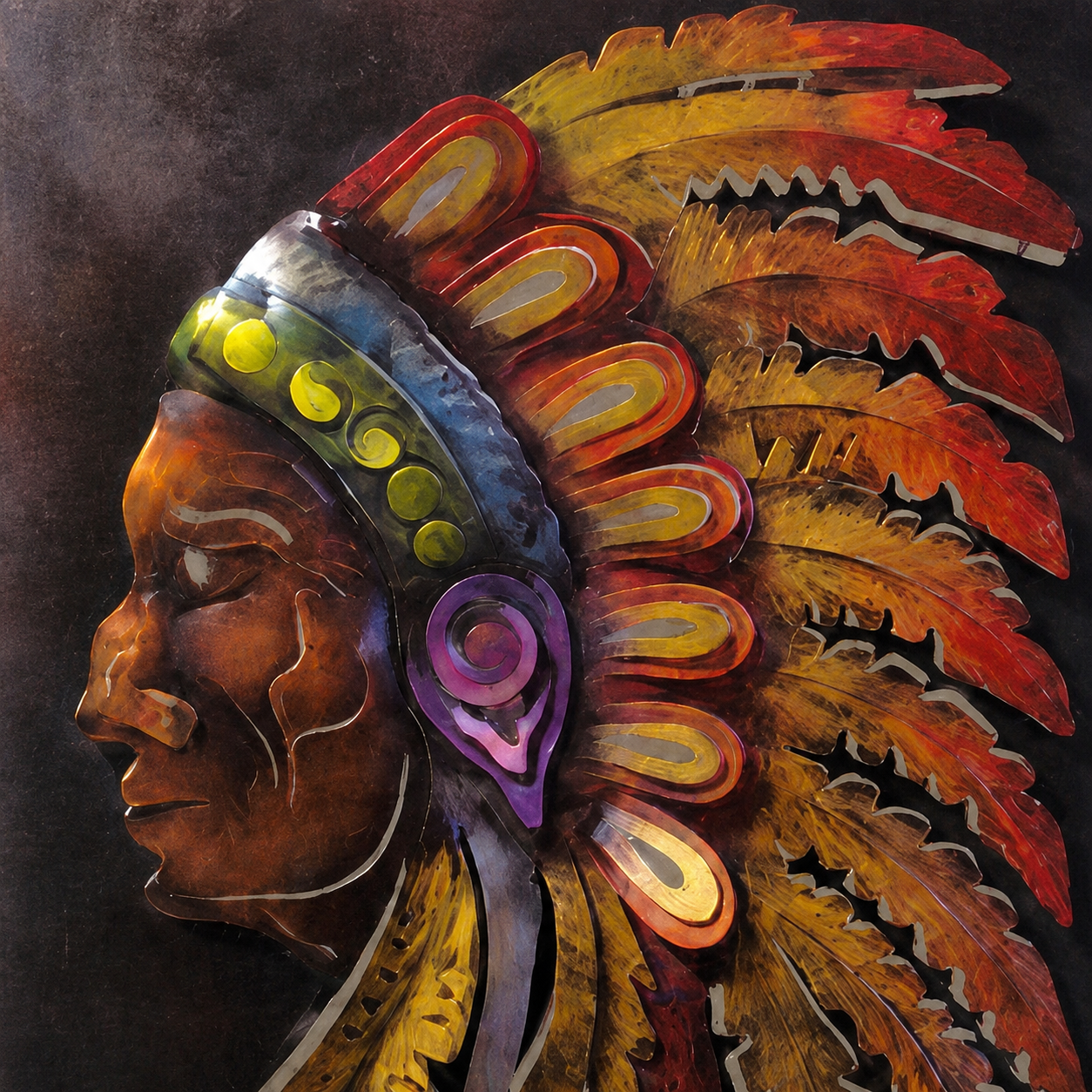 A stylized portrait artwork of a Native American figure in profile, wearing a large feathered headdress with layered red, orange, yellow, purple, and blue feathers against a dark brown background.