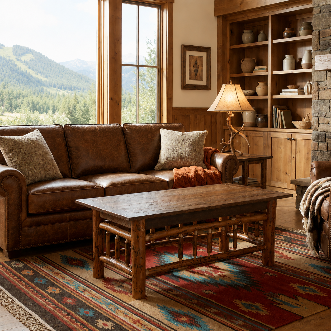 Timberline Appalachian Lodge Coffee Table handcrafted from reclaimed barnwood and natural hickory logs in a rustic lodge living room