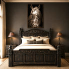 Framed Appaloosa horse canvas art displayed above a rustic carved bed in a luxury Western bedroom.