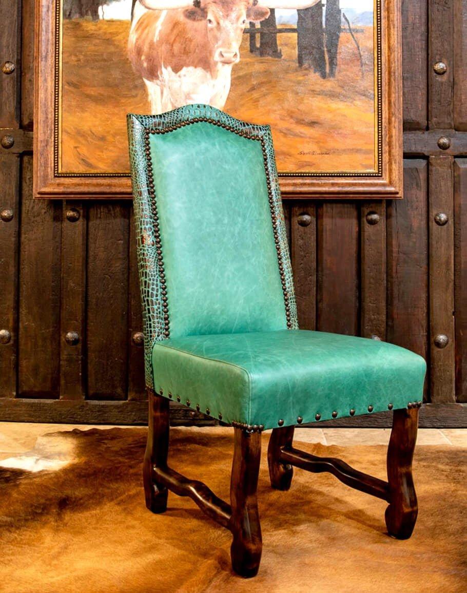 Aqua Marine & Croc Leather Western Dining Chair - American made dining furniture - Your Western Decor