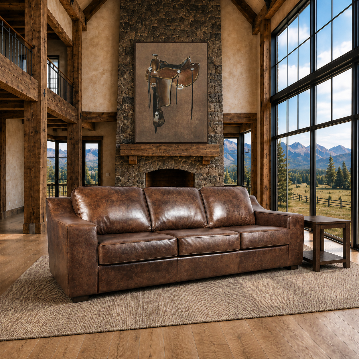 A brown leather three-seater sofa in a rustic mountain lodge living room with a stone fireplace with hanging western saddle canvas art, large windows, and a side table.