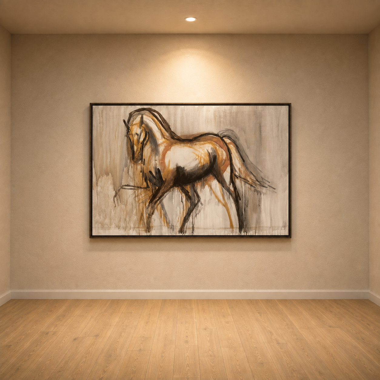 A framed abstract painting of a horse in warm brown, beige, and black tones, displayed on a beige wall in a room with light wood flooring and a ceiling spotlight.