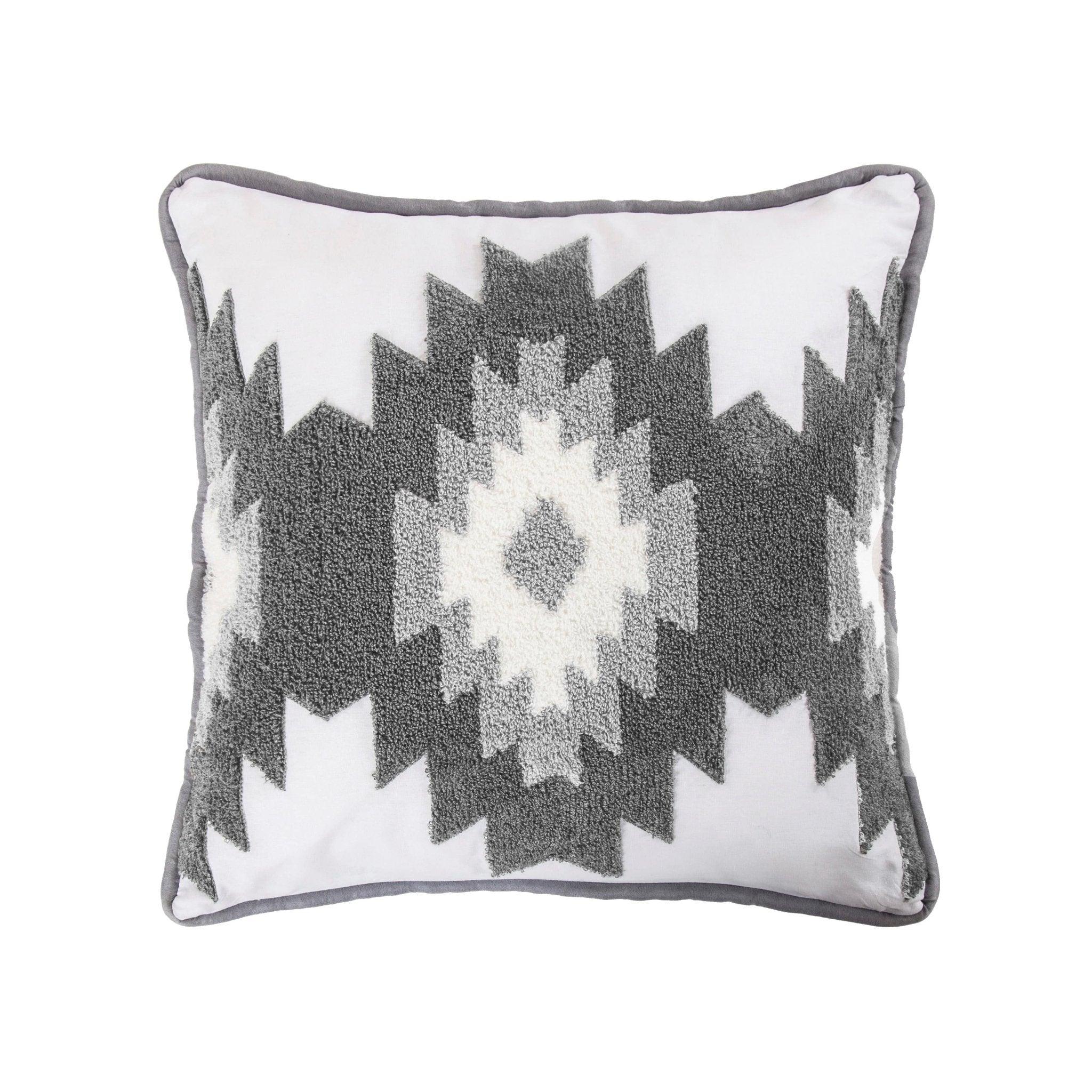 Grey and white, crewel embroidered Southwestern throw pillow - Your Western Decor