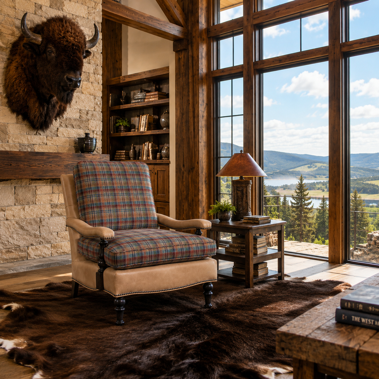 Western lodge accent chair with buffalo hide rug and mountain views