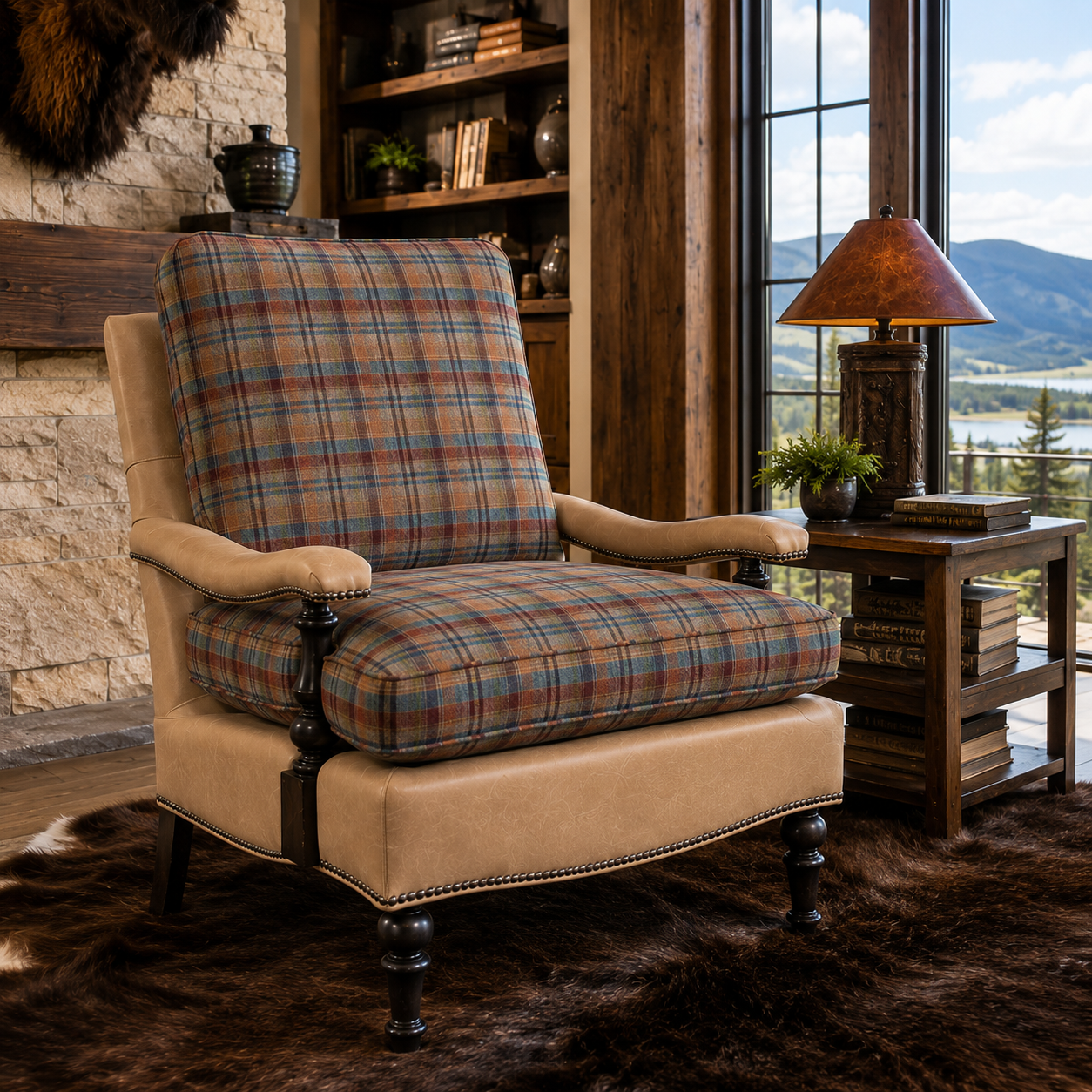 Aspen Ridge plaid reading chair in luxury hunting lodge living room