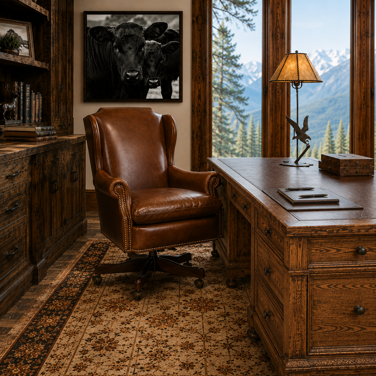 Luxury leather desk chair with rustic desk with leather top, Eagles Landing lamp, and Black Angus Canvas Calf Art all American made 