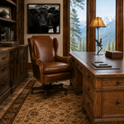 Luxury leather desk chair with rustic desk with leather top, Eagles Landing lamp, and Black Angus Canvas Calf Art all American made 