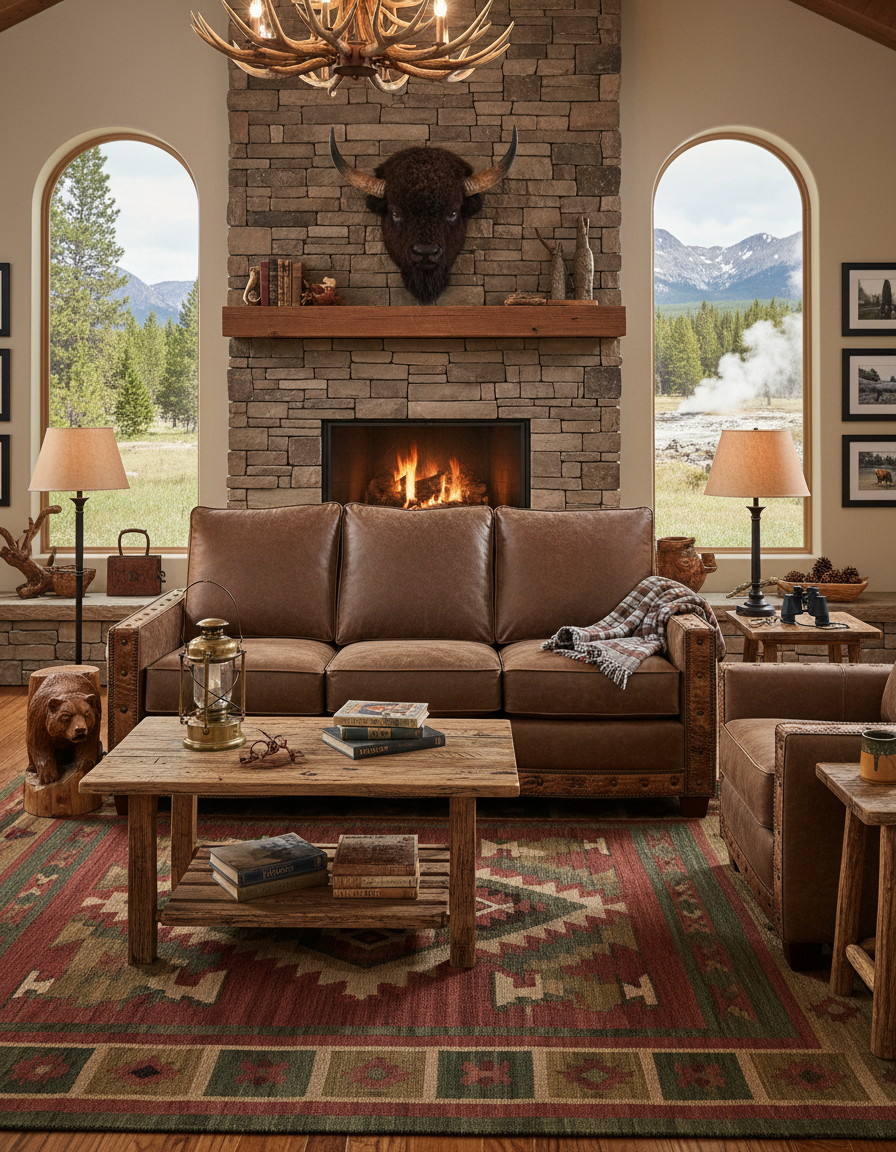 Cozy living room with stone fireplace, Austin Leather Sofa, and wooden coffee table - Your Western Decor