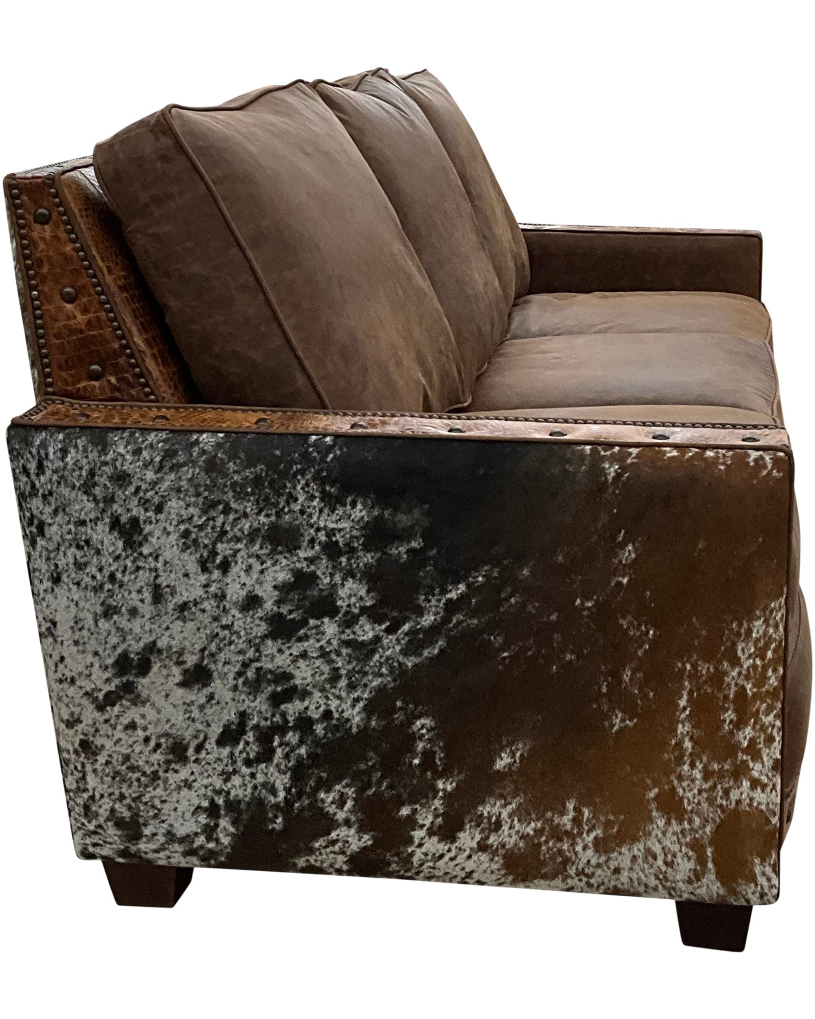 Austin leather sofa detail cowhide side - Your Western Decor