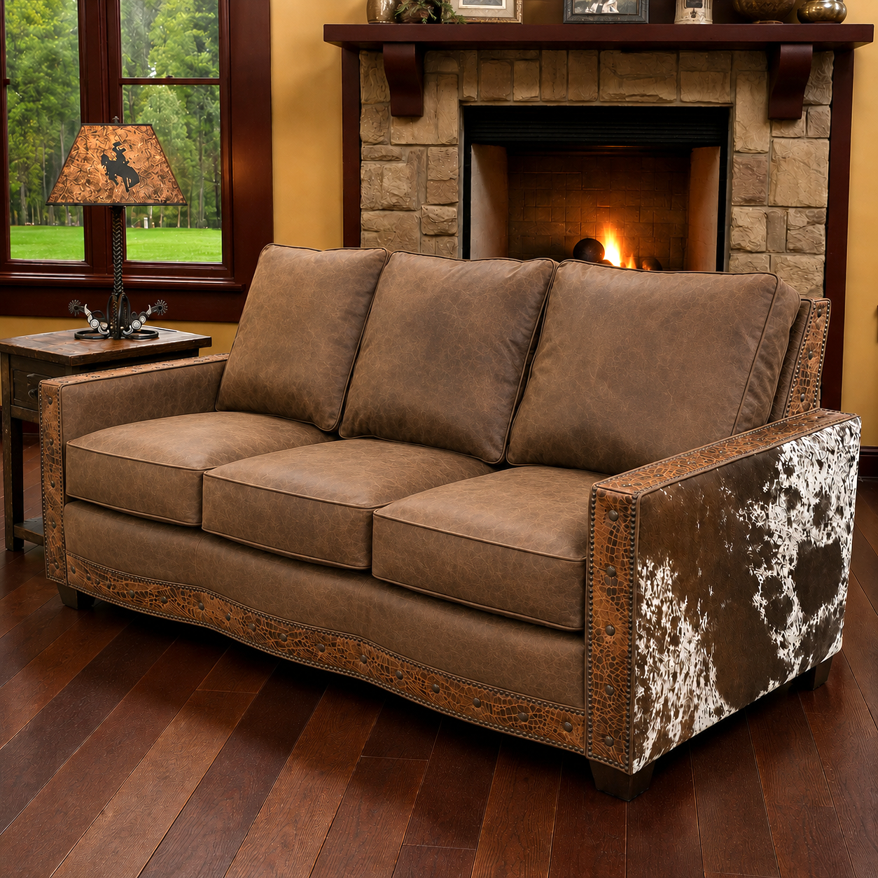 Austin lux leather and cowhide western sofa with embossed leather trim and nailhead trim