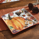 Autumn farms ceramic serving tray with pumpkin, leaves, and squirrel - Your Western Decor