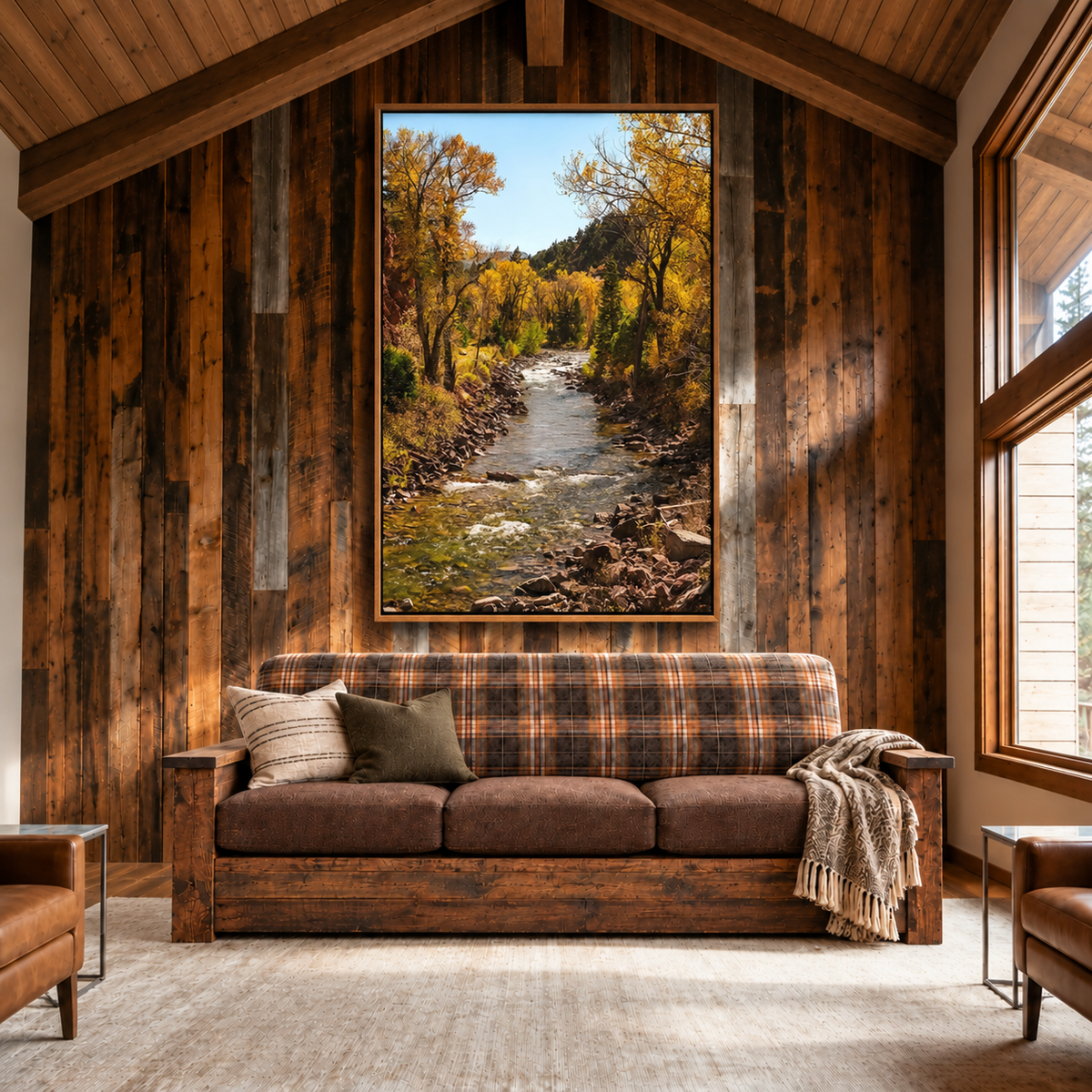 A large framed landscape art print of a river flowing through an autumn forest hangs on a rustic wood-paneled wall above a brown plaid sofa in a cozy cabin-style living room.