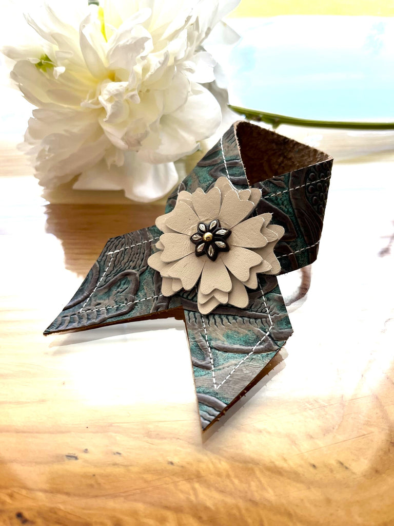 Autumn Turquoise Embossed Leather Napkin Ring handmade in Oregon by Randee McKague at Your Western Decor
