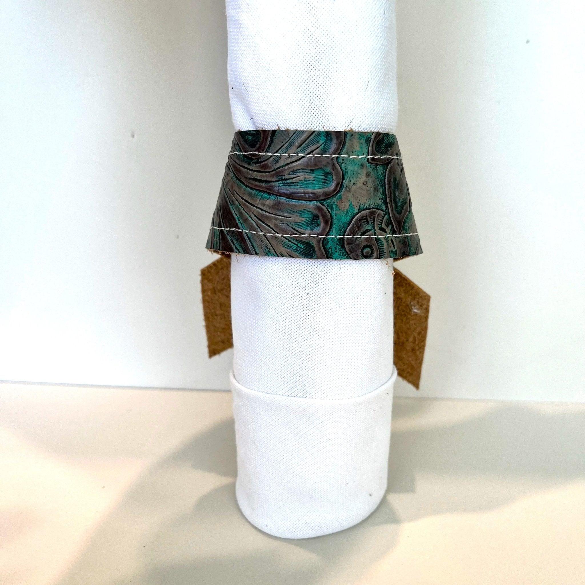 Autumn Turquoise Leather Napkin Ring back detail - Handmade leather napkin rings by Your Western Decor