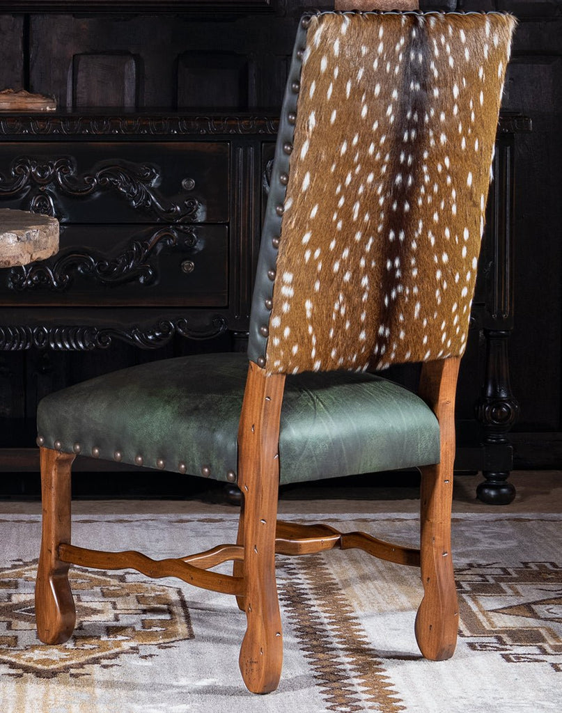 Burnished green leather and Axis deer hide dining chairs - American made luxury dining chairs - Your Western Decor