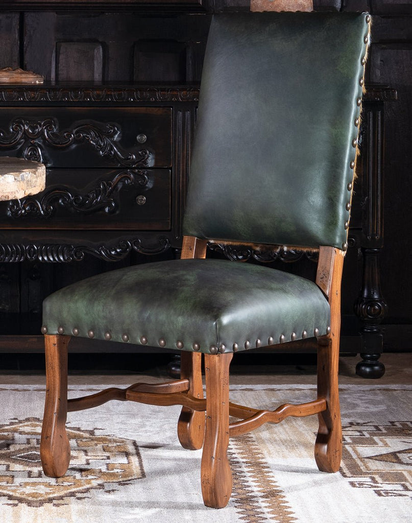 Dark green burnished leather dining chairs - Luxury American made furniture - Your Western Decor