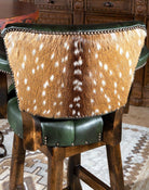 Axis hair on hide bar stool seat back with green leather - Your Western Decor