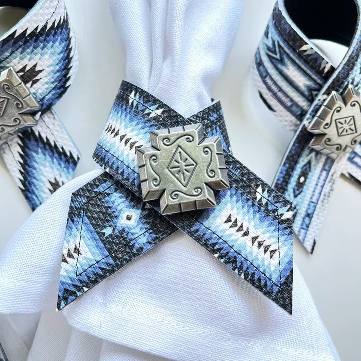 Blues and white Aztec painted leather napkin rings. Handmade in Pilot Rock, Oregon by Your Western Decor
