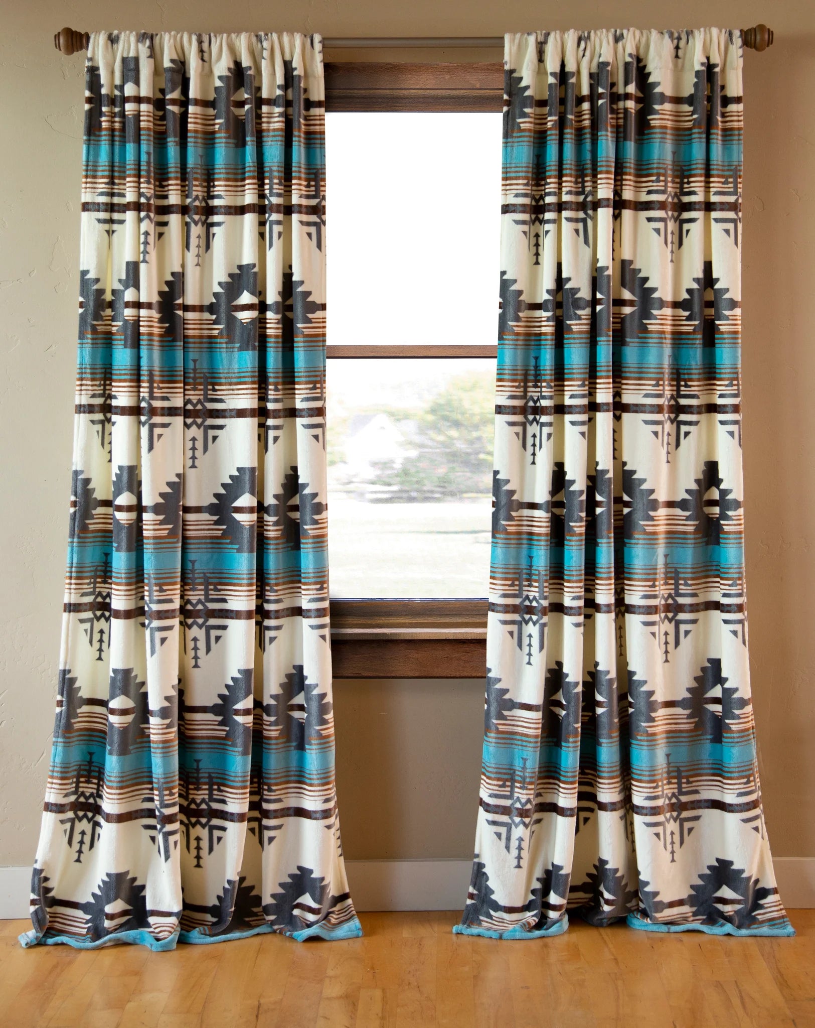 Aztec Sky Southwestern Curtains in sky blue, ivory white, grey, and bronze - Your Western Decor