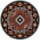 Aztec Whiskey River Southwestern round area rug in rust with turquoise and brown geometric diamond patterns 