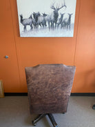 Back view of distressed brown leather desk chair made in the USA - Your Westenr Decor