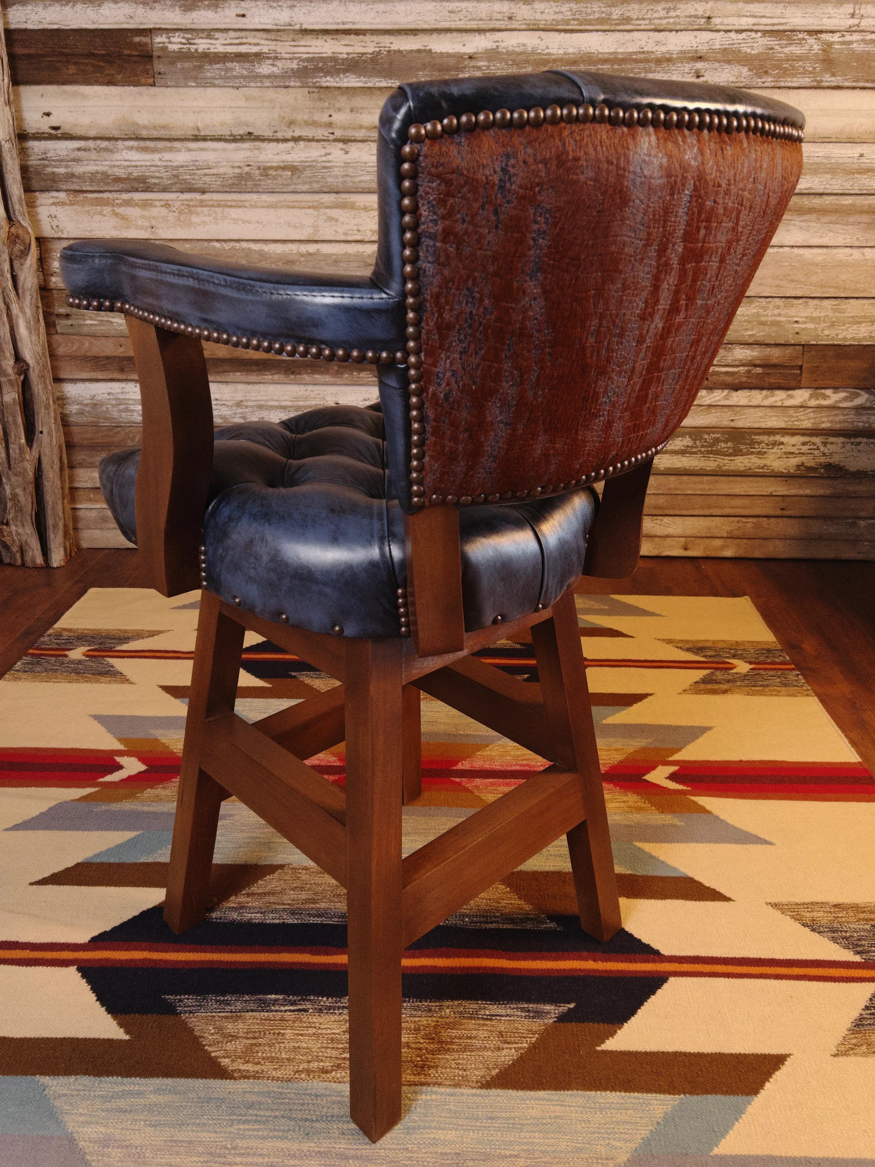 Western tufted leather bar stool with genuine hair-on-hide cowhide back panel