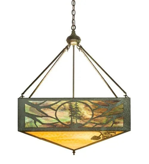 handcrafted pendant lighting with pine tree motif and iridescent glass for cabin and lodge interiors
