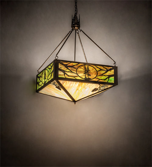 rustic balsam fir pendant light with pinecone and tree design in antique copper with art glass lodge ceiling lighting