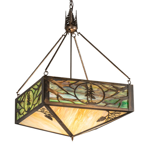 lodge style pendant light with pinecone and fir tree design in antique copper with stained glass panels