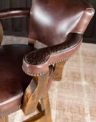 Brown leather Swivel Western Bar Stool with embossed leather back made in the USA - Your Western decor