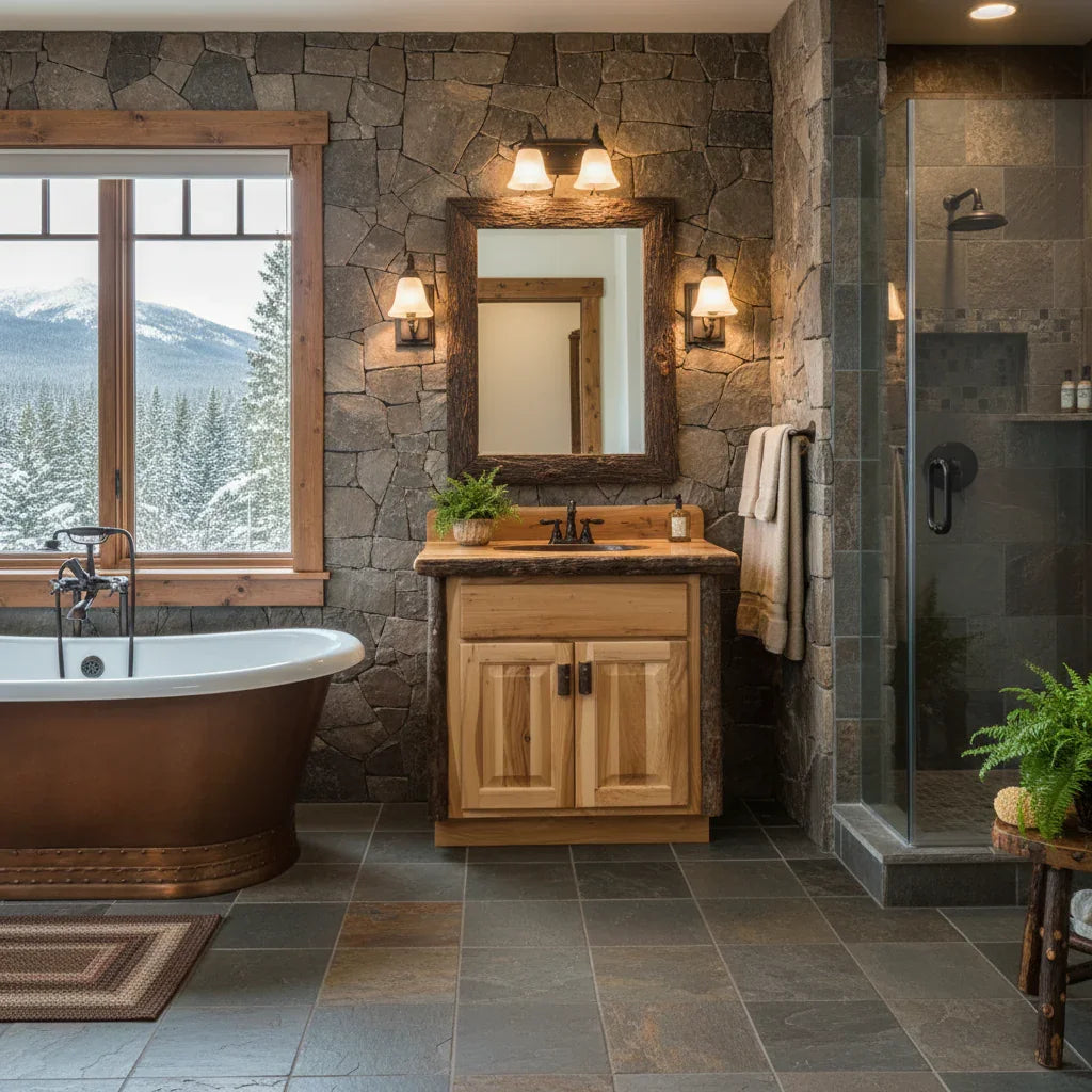 Bathroom with stone walls, wooden vanity, and a freestanding bathtub. Your Western Decor