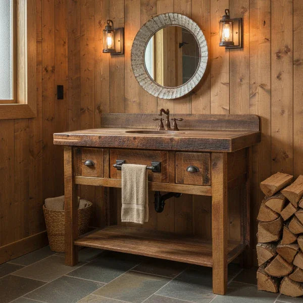 Wooden vanity with sink in a rustic bathroom setting - Your Western Decor