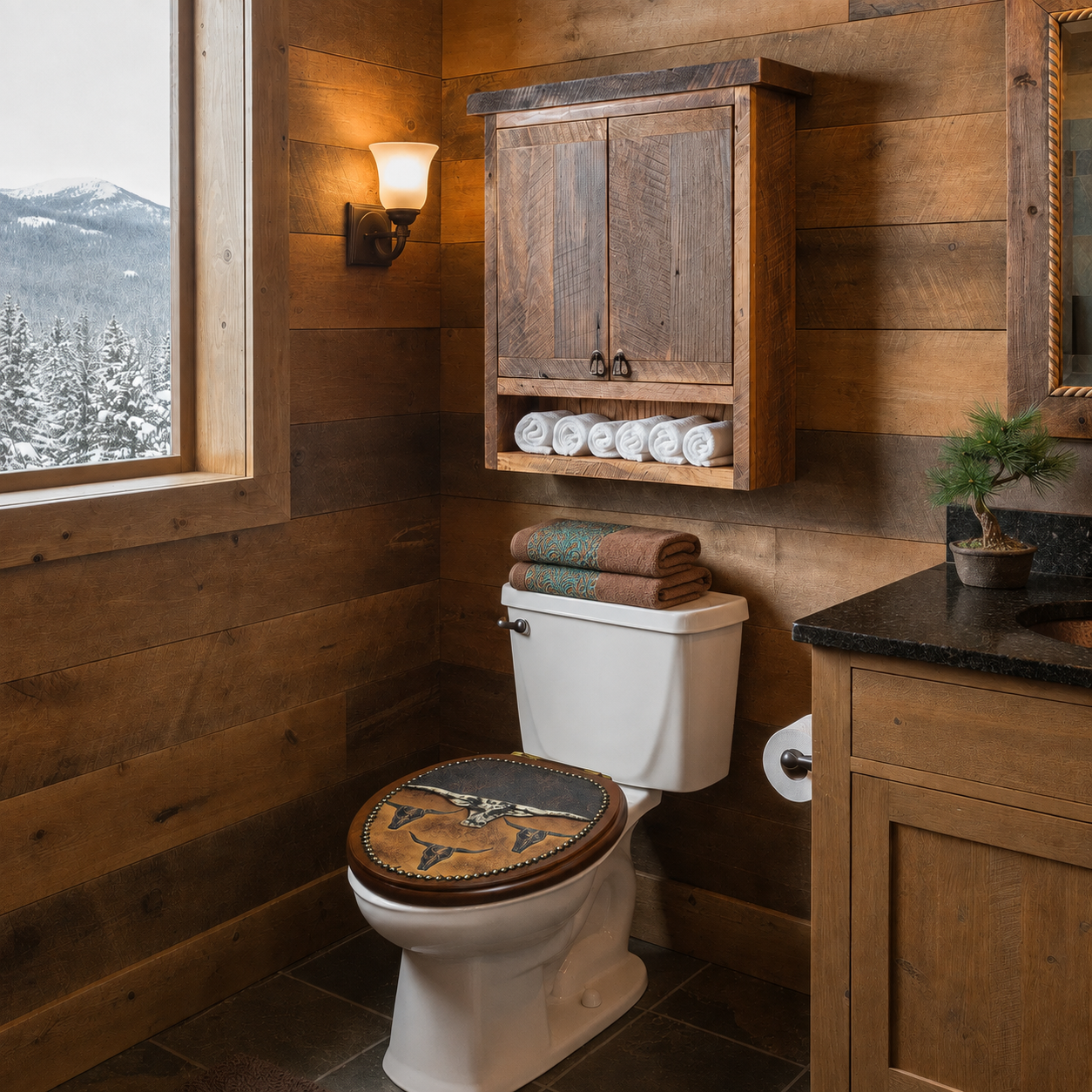 A rustic bathroom scene with a white toilet featuring a decorative brown leather and wood seat cover with a longhorn emblem. A matching wooden wall-mounted cabinet holds white towels, set against warm wood-paneled walls with a window showing a snowy mountain view.