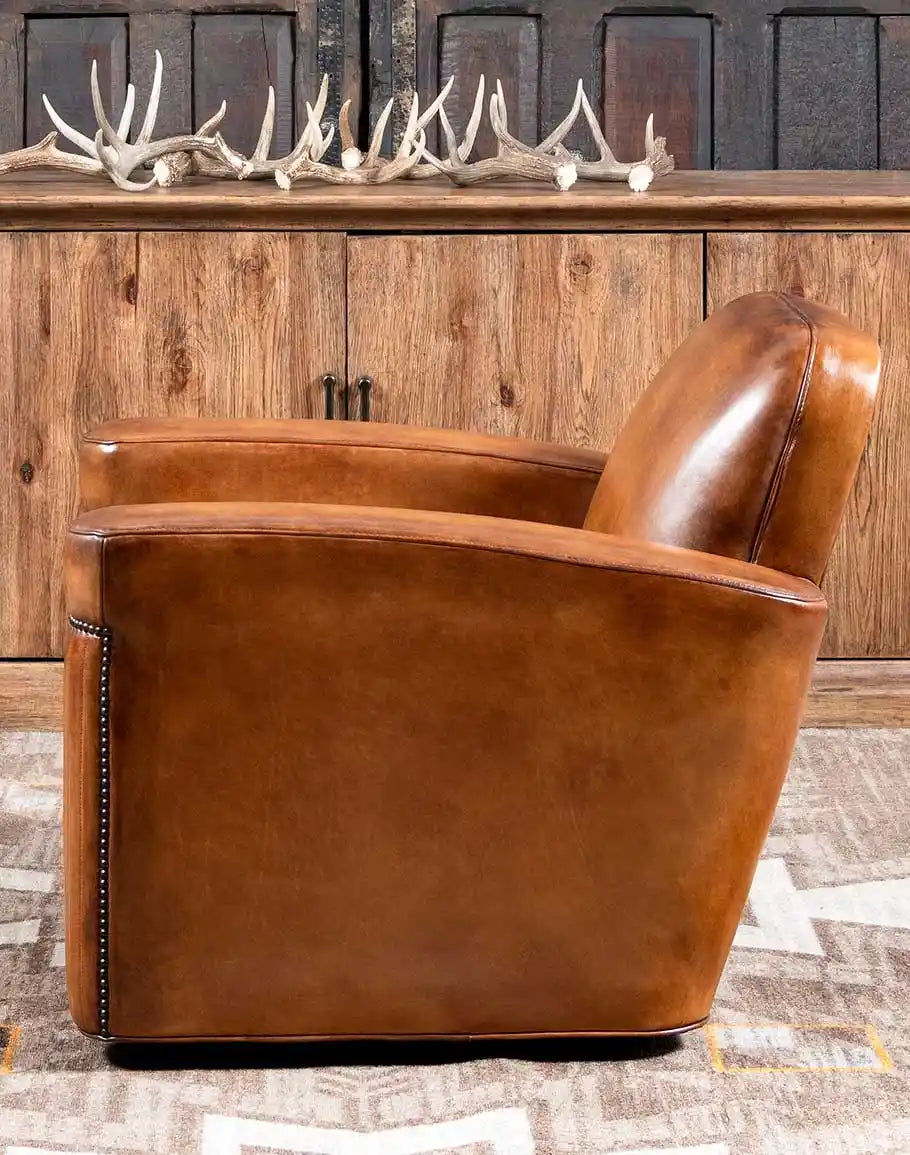 American made Baron Channeled Arms Tan Leather Swivel Chair - Your Western Decor