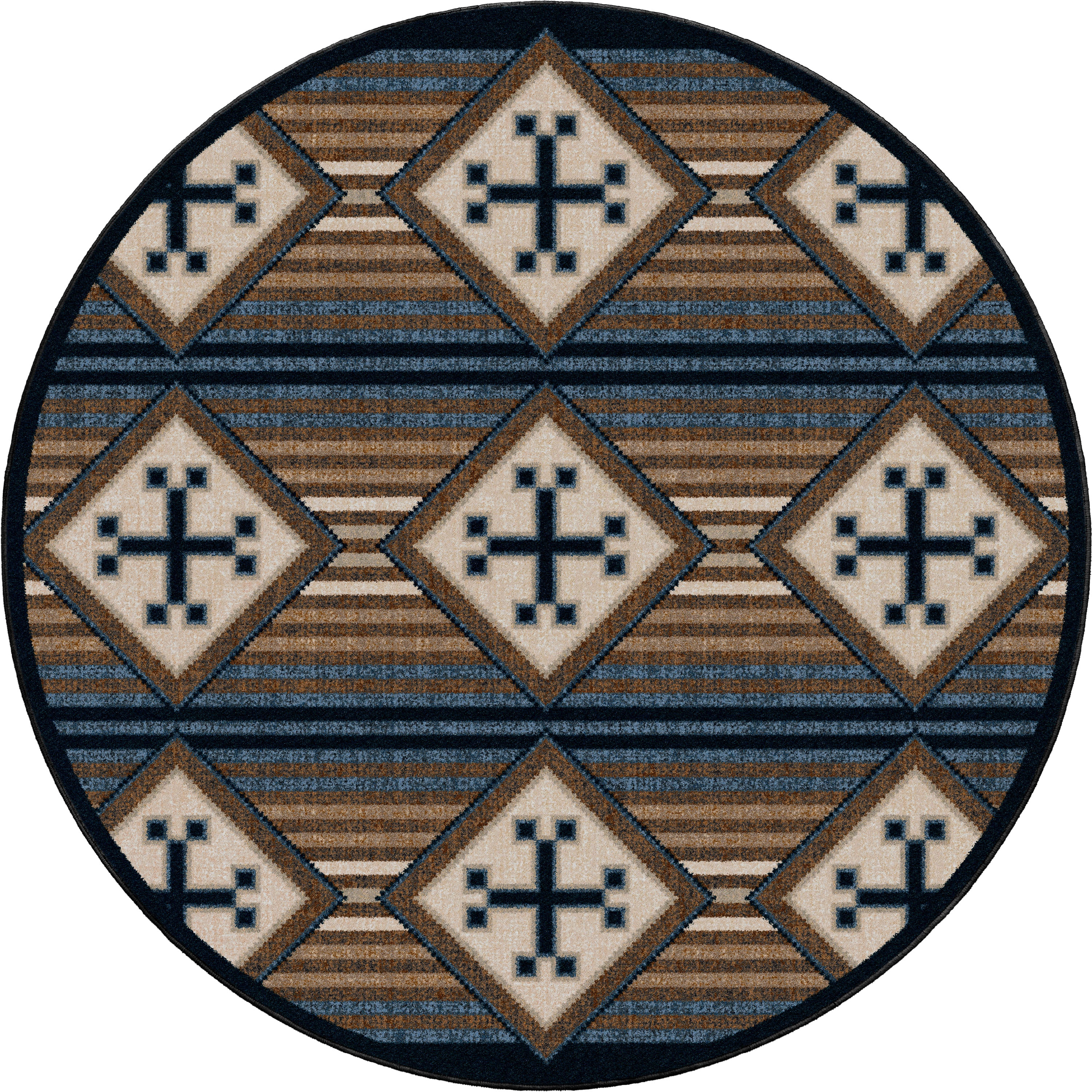 Bison Black Russet 8' Round Area Rug in blue, black, tans, and cream. Made in the USA - Your Western Decor