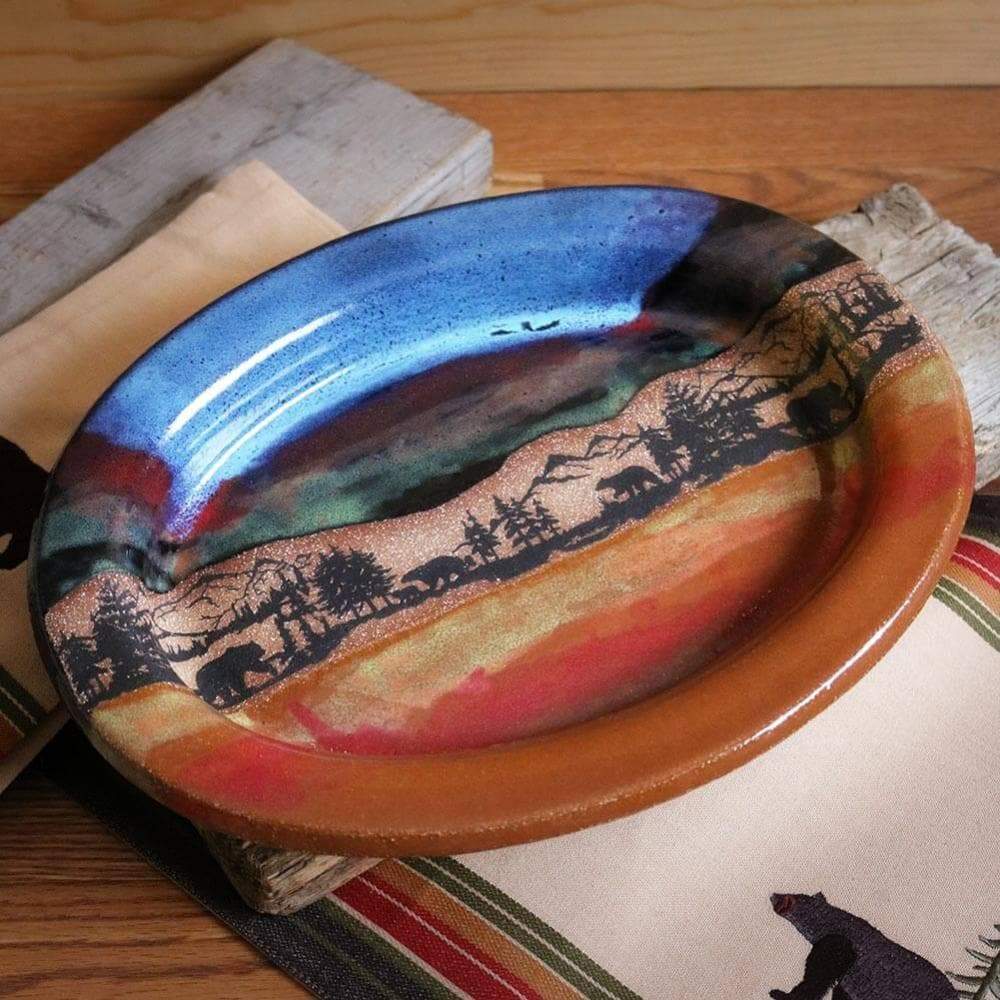 Handmade pottery oval platter with bear scene - Made in the USA - Your Western Decor