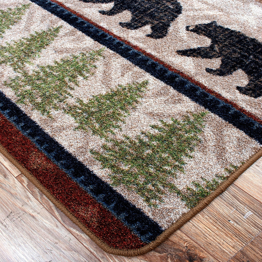 Bear Trails Forest Area Rug serged edge detail - American made cabin styled rugs - Your Western Decor