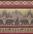 bear valley fabric sample with bear, moose, and mountain cabin scenes with geometric patterns