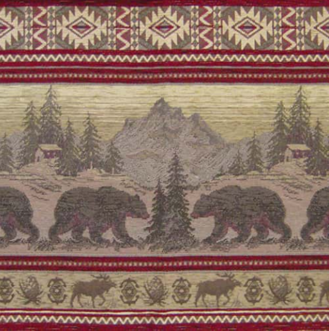 bear valley fabric sample with bear, moose, and mountain cabin scenes with geometric patterns