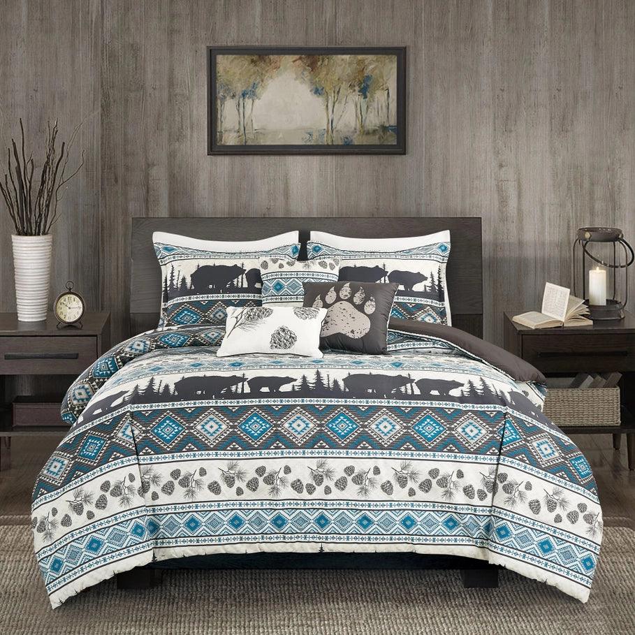 Blue grey and white Bear Valley Southwestern Lodge Comforter Set made in the USA - Your Western Decor