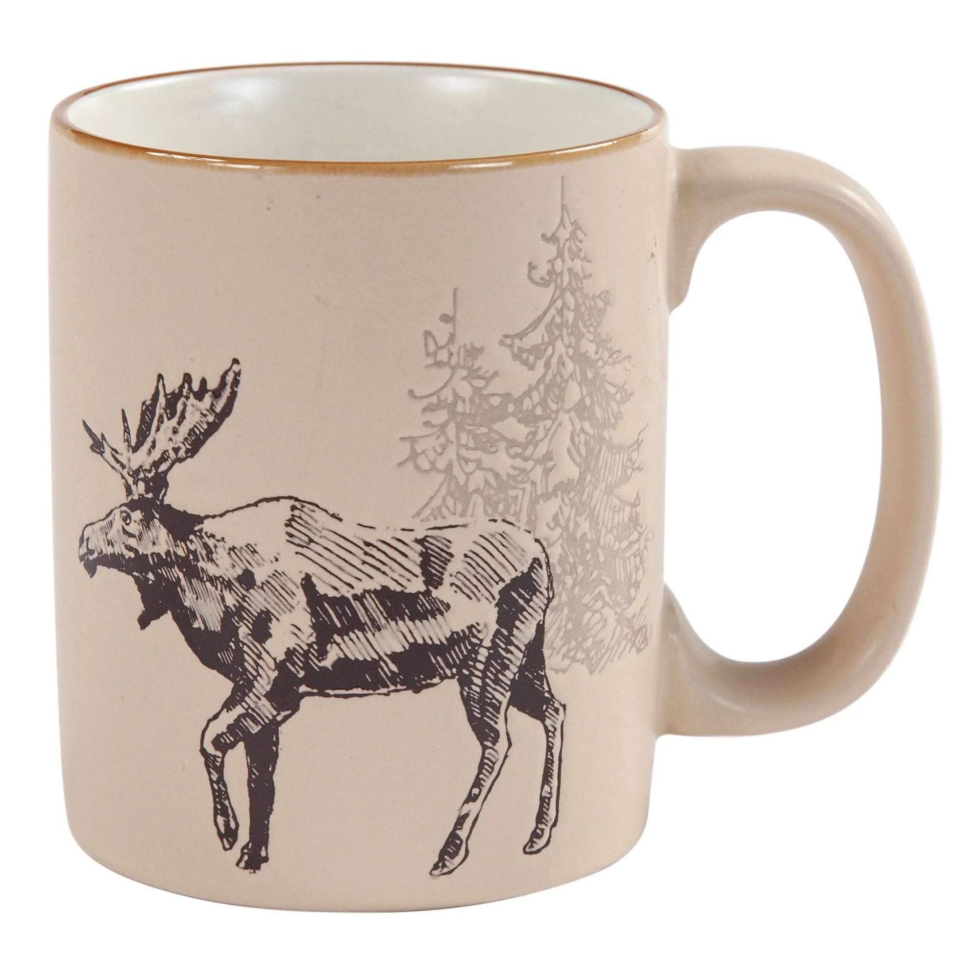 Beige coffee mug with artwork of moose and trees - Your Western Decor