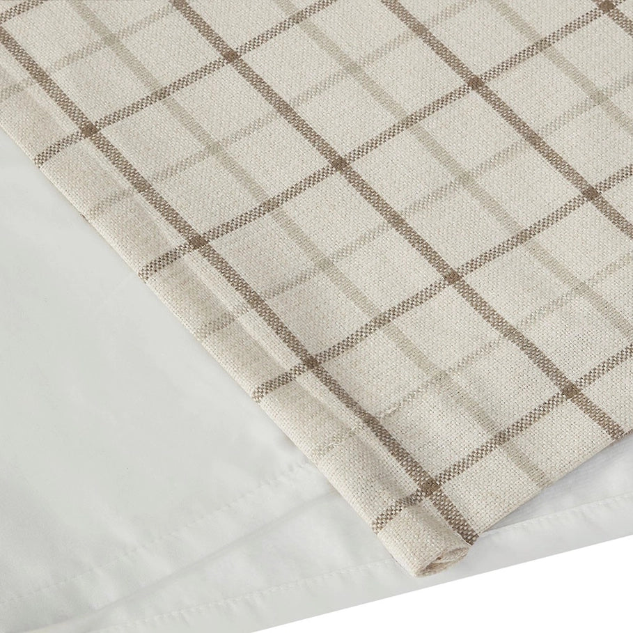 Beige Plaid Lined Curtain Panel with faux leather tabs fabric detail - Your Western Decor