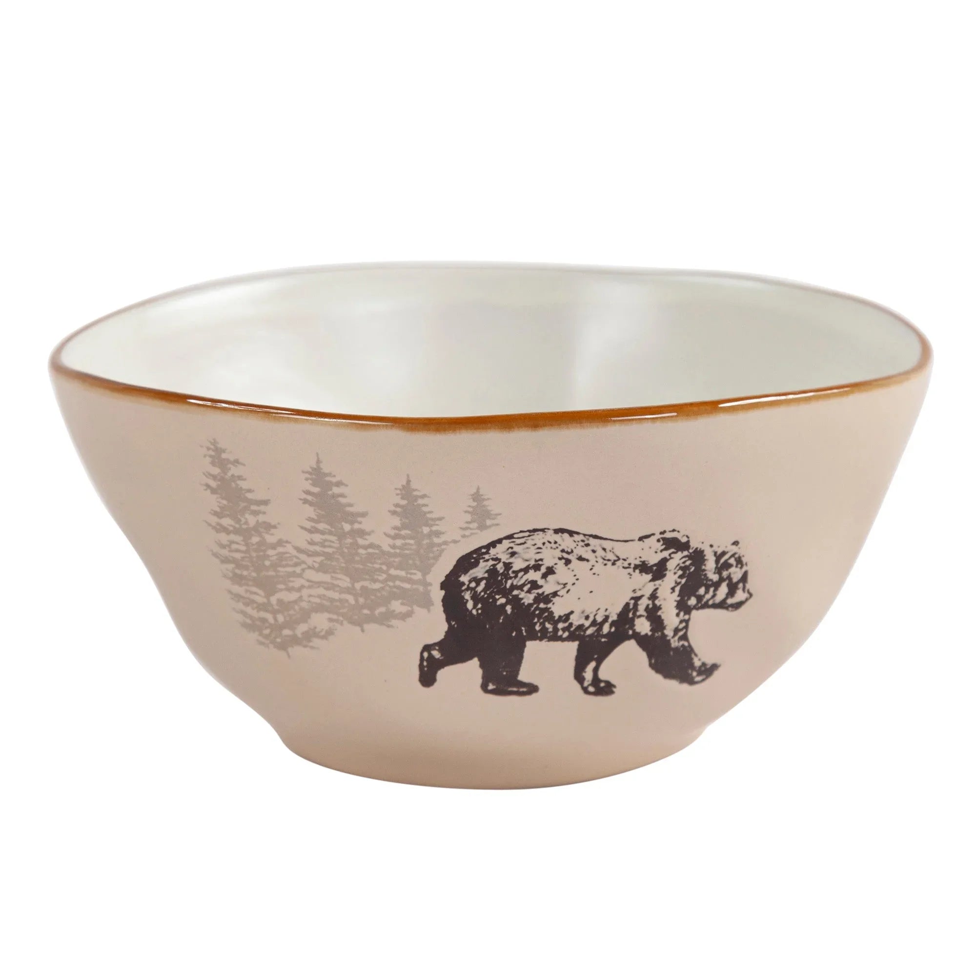 Beige soup bowl featuring bear and trees artwork - Your Western Decor
