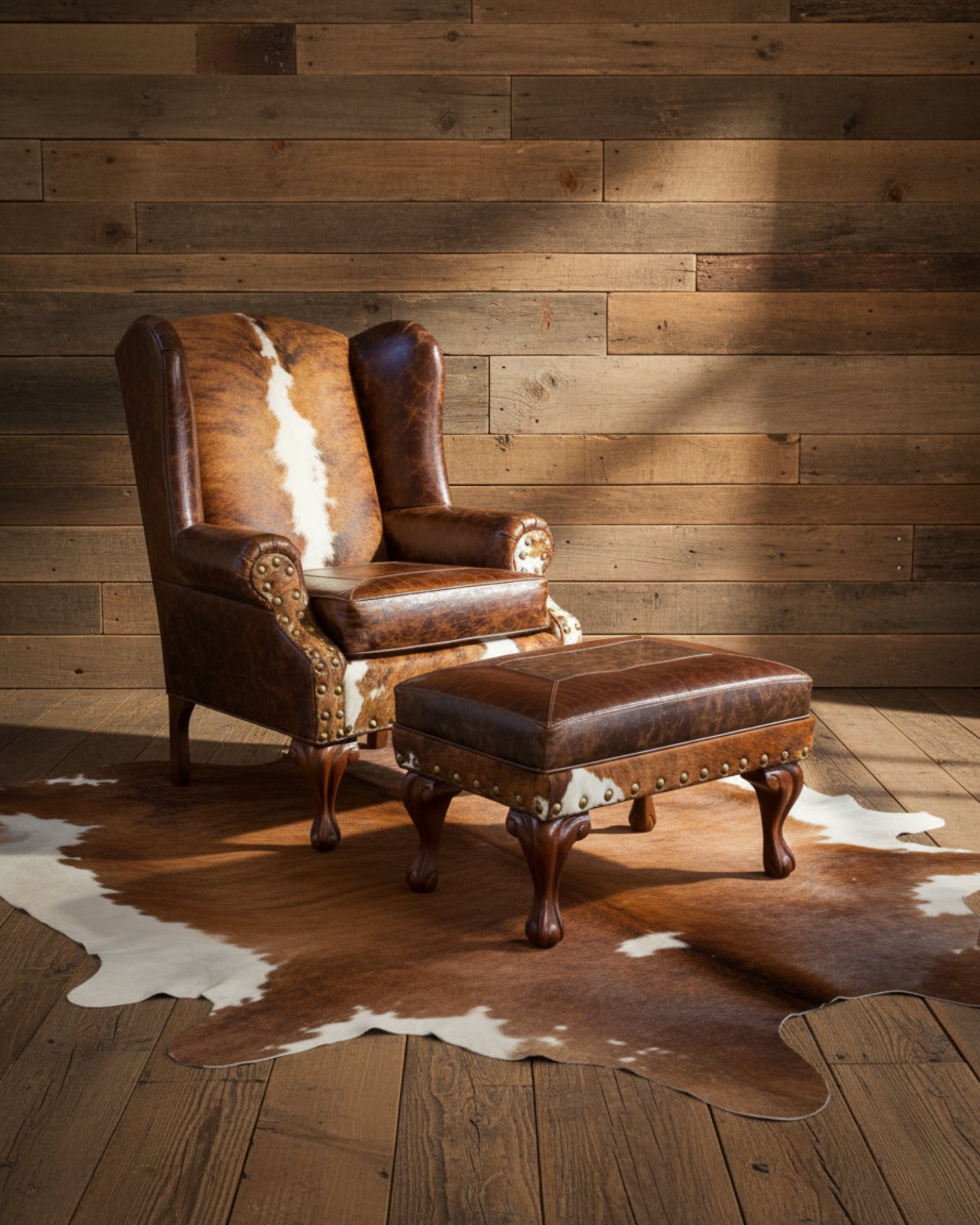 Cowhide and leather ottoman and wingback chair - Your Western Decor